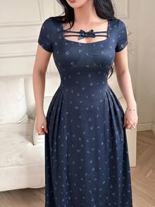 Feyla Women's Midi Dress Navy Blue Floral Print Square Neck Bows Short Sleeve Brunch Tea Party Garden Date Summer Romantic Elegant - Royal Blue - View 5