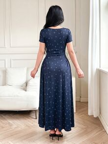 Feyla Women's Midi Dress Navy Blue Floral Print Square Neck Bows Short Sleeve Brunch Tea Party Garden Date Summer Romantic Elegant - Royal Blue - View 6