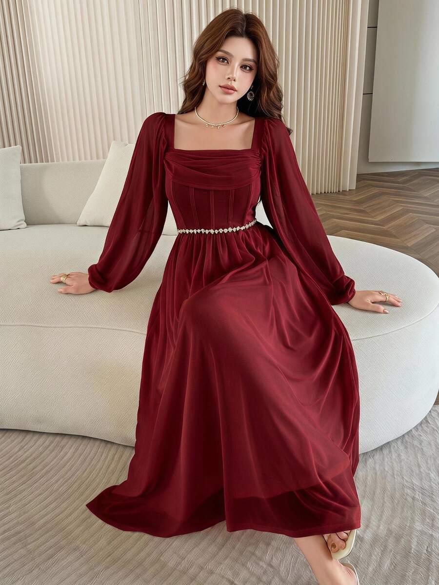 Feyla Women's Elegant Pleated Square Collar Cinched Waist Lantern Sleeve Dress, Spring