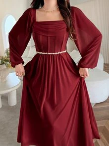 Feyla Women's Elegant Pleated Square Collar Cinched Waist Lantern Sleeve Dress, Spring - Burgundy - View 7