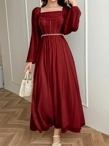 Feyla Women's Elegant Pleated Square Collar Cinched Waist Lantern Sleeve Dress, Spring - Burgundy - View 4