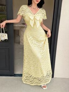 Feyla Women's High Waist Slim Fit Cutout Long Dress Wedding Party Date Yellow Summer Romantic Casual Elegant - Apricot - View 3
