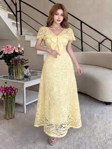 Feyla Women's High Waist Slim Fit Cutout Long Dress Wedding Party Date Yellow Summer Romantic Casual Elegant - Apricot - View 2