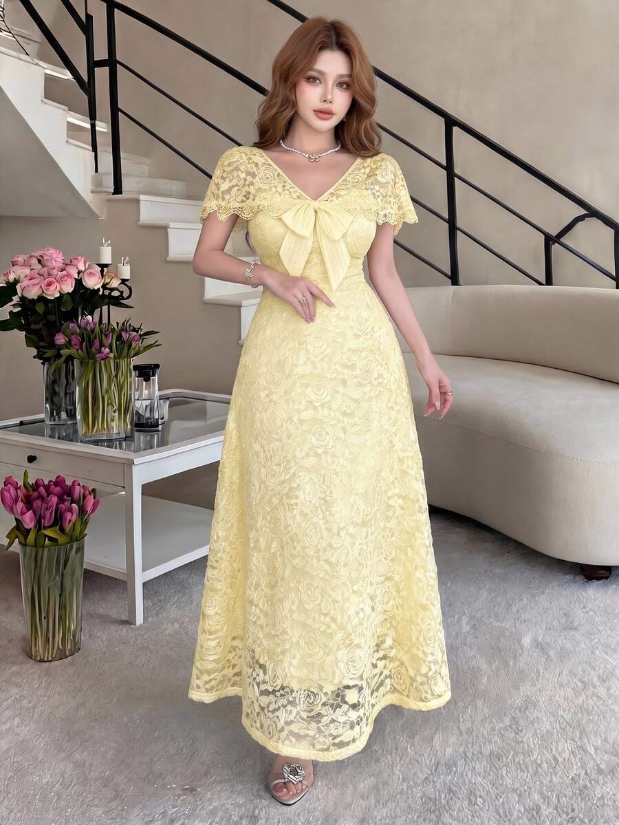 Feyla Women's High Waist Slim Fit Cutout Long Dress Wedding Party Date Yellow Summer Romantic Casual Elegant