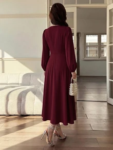 Feyla 女士褶皱蕾丝拼接优雅连衣裙 - 酒紅色 - 查看 2