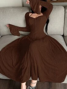 Feyla Women's Solid Color Minimalist Long Sleeve Midi Dress, Casual Everyday Wear - Coffee Brown - View 6