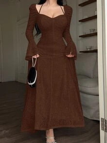 Feyla Women's Solid Color Minimalist Long Sleeve Midi Dress, Casual Everyday Wear - Coffee Brown - View 3