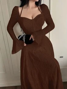 Feyla Women's Solid Color Minimalist Long Sleeve Midi Dress, Casual Everyday Wear - Coffee Brown - View 7