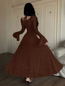 Feyla Women's Solid Color Minimalist Long Sleeve Midi Dress, Casual Everyday Wear - Coffee Brown - View 2