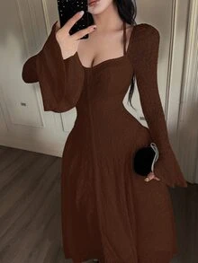 Feyla Women's Solid Color Minimalist Long Sleeve Midi Dress, Casual Everyday Wear - Coffee Brown - View 4