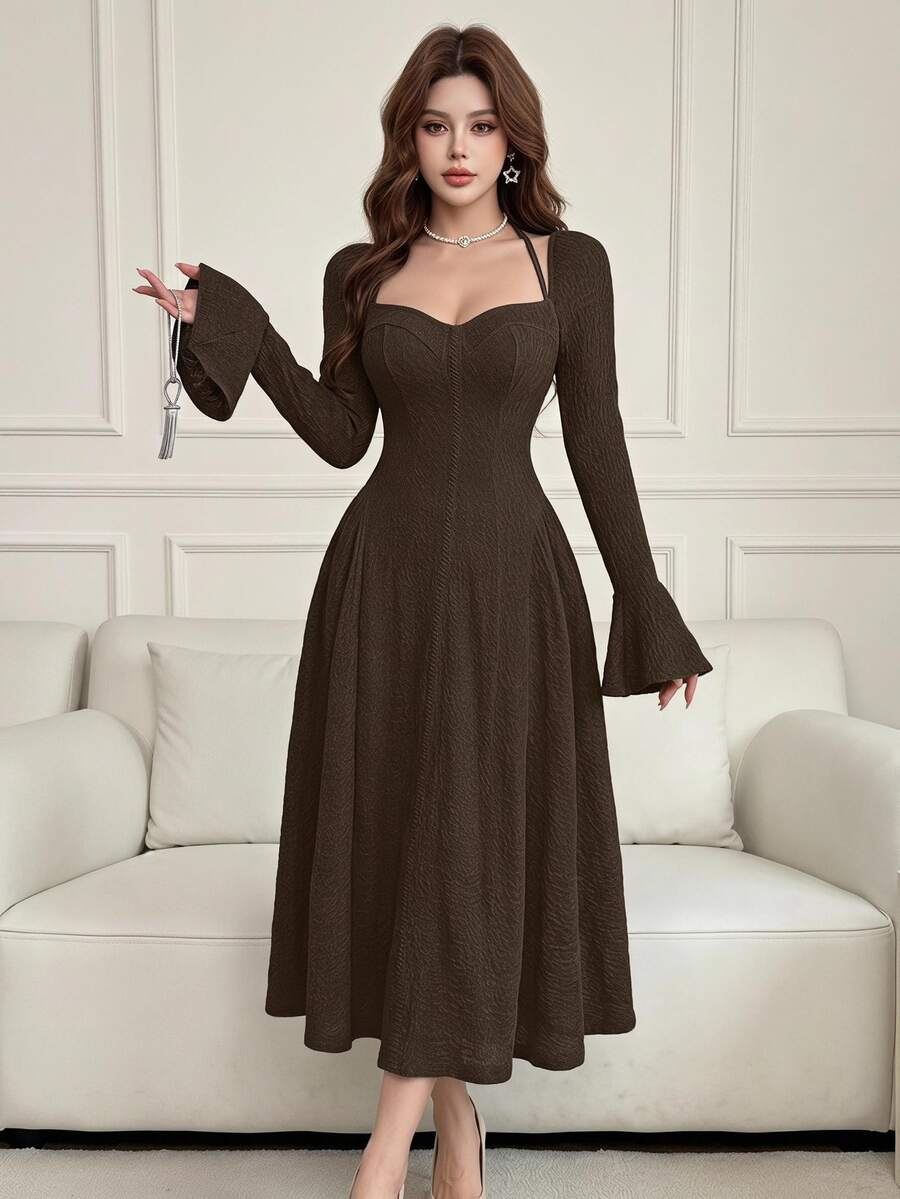 Feyla Women's Solid Color Minimalist Long Sleeve Midi Dress, Casual Everyday Wear - Coffee Brown - View 1