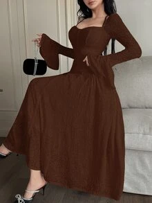 Feyla Women's Solid Color Minimalist Long Sleeve Midi Dress, Casual Everyday Wear - Coffee Brown - View 5