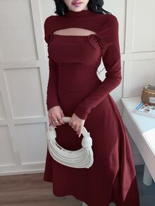 Feyla 女士纯色简约长袖中长连衣裙，休闲日常穿着 - 酒紅色 - 查看 6