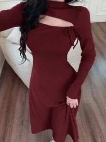 Feyla 女士纯色简约长袖中长连衣裙，休闲日常穿着 - 酒紅色 - 查看 3