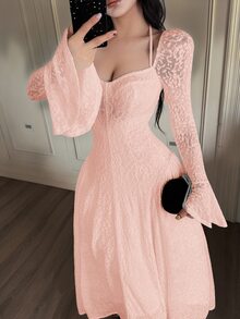 Feyla Women's Fashion Sweetheart Collar Halter Flare Sleeve Midi Dress - Baby Pink - View 5