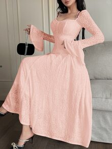Feyla Women's Fashion Sweetheart Collar Halter Flare Sleeve Midi Dress - Baby Pink - View 6