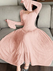 Feyla Women's Fashion Sweetheart Collar Halter Flare Sleeve Midi Dress - Baby Pink - View 7