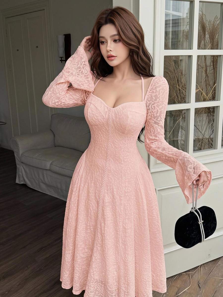 Feyla Women's Fashion Sweetheart Collar Halter Flare Sleeve Midi Dress