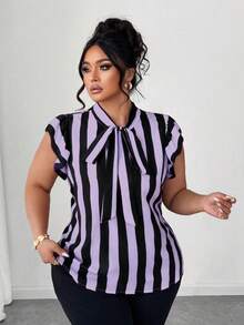Elenzga Blus Lengan Pendek Bergaris Hitam Putih Ukuran Besar untuk Kasual/Kerja - Mauve Purple - View 8