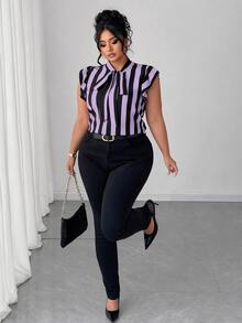 Elenzga Blus Lengan Pendek Bergaris Hitam Putih Ukuran Besar untuk Kasual/Kerja - Mauve Purple - View 4