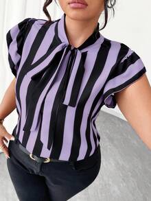 Elenzga Blus Lengan Pendek Bergaris Hitam Putih Ukuran Besar untuk Kasual/Kerja - Mauve Purple - View 3