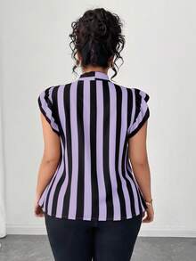 Elenzga Blus Lengan Pendek Bergaris Hitam Putih Ukuran Besar untuk Kasual/Kerja - Mauve Purple - View 2