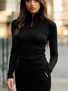 SHEIN Women's Elegant Frog Button Ribbed Long Sleeve Top For Office And Commute,Long Sleeve, Cinched Waist,Winter Clothes,Fall/Winter,Halloween,Going Out - Black - View 5