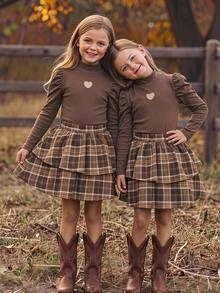 Tween Girls Tween Girl Autumn/Winter Long Sleeve Simple Elegant Ribbed Top + Plaid Tiered Skirt - Multicolor - View 7