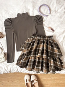 Tween Girls Tween Girl Autumn/Winter Long Sleeve Simple Elegant Ribbed Top + Plaid Tiered Skirt - Multicolor - View 2