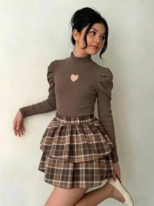 Tween Girls Tween Girl Autumn/Winter Long Sleeve Simple Elegant Ribbed Top + Plaid Tiered Skirt - Multicolor - View 8