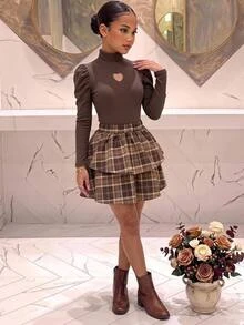 Tween Girls Tween Girl Autumn/Winter Long Sleeve Simple Elegant Ribbed Top + Plaid Tiered Skirt - Multicolor - View 10
