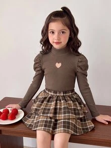 Tween Girls Tween Girl Autumn/Winter Long Sleeve Simple Elegant Ribbed Top + Plaid Tiered Skirt - Multicolor - View 4