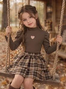 Tween Girls Tween Girl Autumn/Winter Long Sleeve Simple Elegant Ribbed Top + Plaid Tiered Skirt - Multicolor - View 6