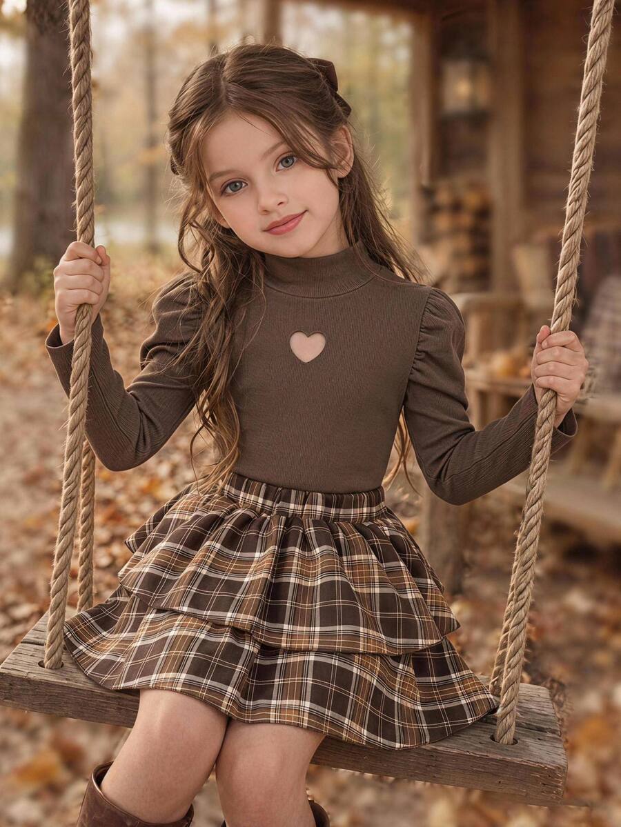 Tween Girls Tween Girl Tween Girl Kids Autumn/Winter Long Sleeve Simple Elegant Ribbed Top + Plaid Tiered Skirt - Multicolor - View 1