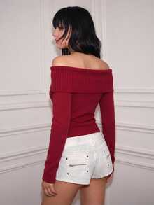 CHAOSSORY CHAOSSORY Vintage Red Open Shoulder Knit Top With Floral Angel Pattern, Sweetheart Style, Cinched Waist - Red - View 2