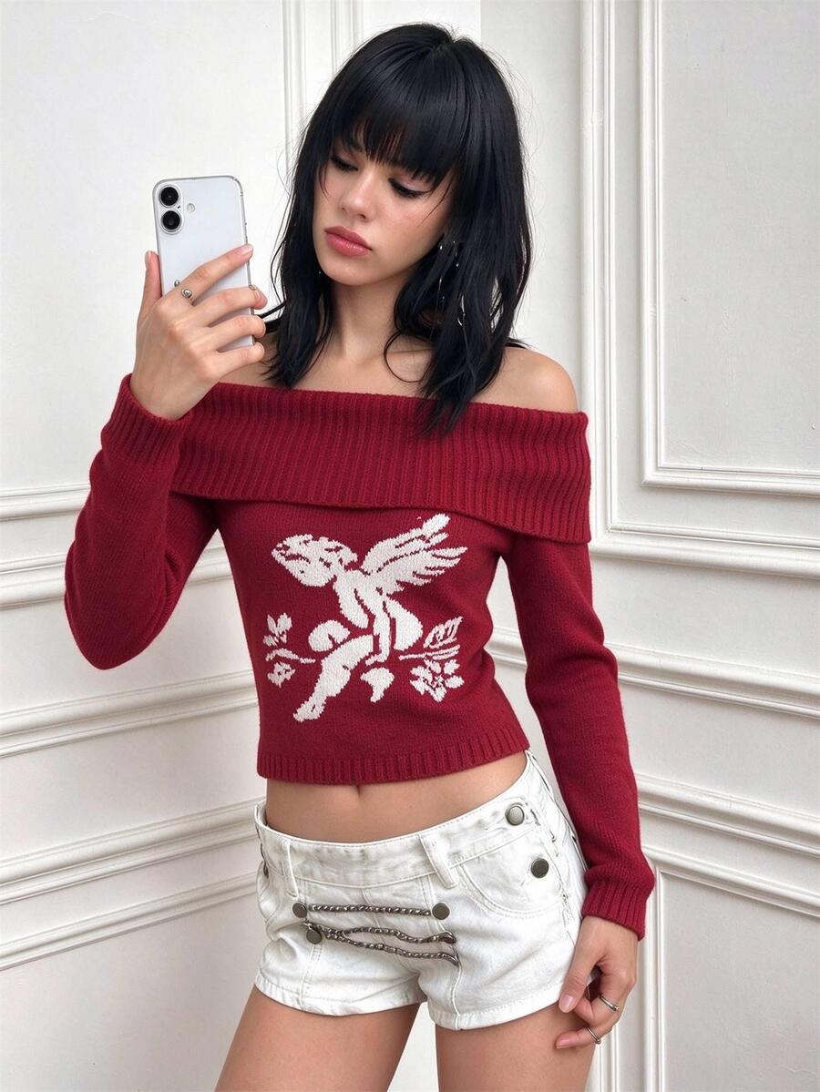 CHAOSSORY CHAOSSORY Vintage Red Open Shoulder Knit Top With Floral Angel Pattern, Sweetheart Style, Cinched Waist - Red - View 1