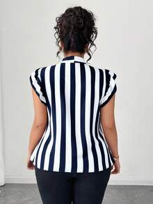 Elenzga Plus Size Casual/Commuting Black & White Striped Short Cap Sleeve Tie Design Collar Blouse - Navy Blue - View 2