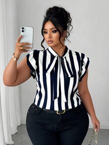 Elenzga Plus Size Casual/Commuting Black & White Striped Short Cap Sleeve Tie Design Collar Blouse - Navy Blue - View 1