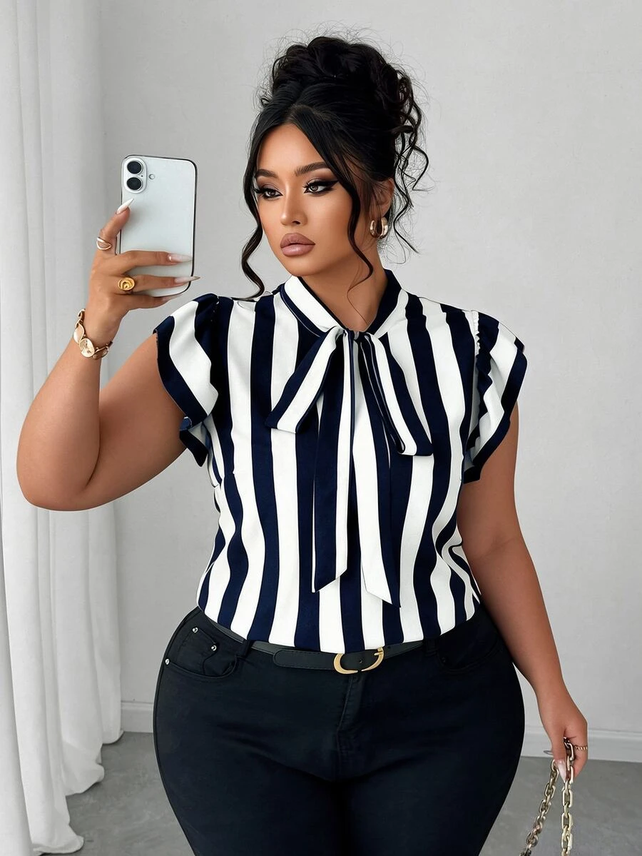 Elenzga Plus Size Casual/Commuting Black & White Striped Short Cap Sleeve Tie Design Collar Blouse - Navy Blue - View 1
