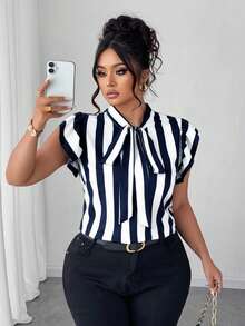 Elenzga Plus Size Casual/Commuting Black & White Striped Short Cap Sleeve Tie Design Collar Blouse - Navy Blue - View 3