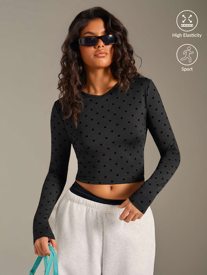 Athîral Top deportivo ajustado de mujer con cuello en V, negro con lunares aterciopelados, casual, adecuado para otoño, invierno, primavera, gimnasio, pilates, yoga, salidas, top deportivo lindo, chica cool
