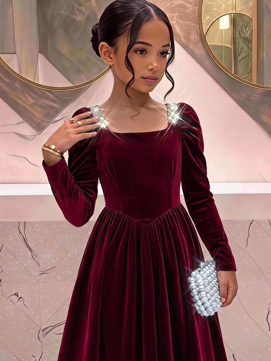 SHEIN 青少年女孩秋冬保暖內裡珍珠裝飾長袖洋裝 - 酒紅色 - 查看 1