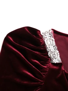 SHEIN 青少年女孩秋冬保暖內裡珍珠裝飾長袖洋裝 - 酒紅色 - 查看 8