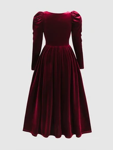 SHEIN 青少年女孩秋冬保暖內裡珍珠裝飾長袖洋裝 - 酒紅色 - 查看 6