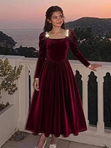 SHEIN 青少年女孩秋冬保暖內裡珍珠裝飾長袖洋裝 - 酒紅色 - 查看 2
