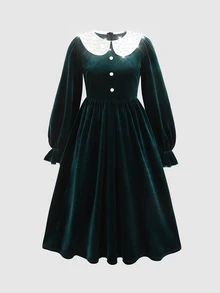 SHEIN Tween女孩秋冬款簡約保暖內裡加厚派對度假休閒聚會洋裝 - 黑色 - 查看 7