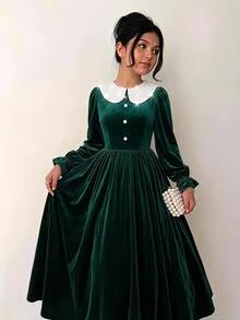 SHEIN Tween女孩秋冬款簡約保暖內裡加厚派對度假休閒聚會洋裝 - 黑色 - 查看 2