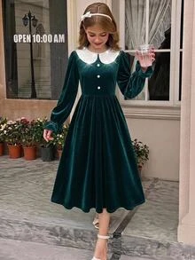 SHEIN Tween女孩秋冬款簡約保暖內裡加厚派對度假休閒聚會洋裝 - 黑色 - 查看 3