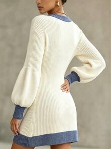 LUMIGAL Women's Colorblock V-Neck Casual Everyday Knit Dress - White - View 3