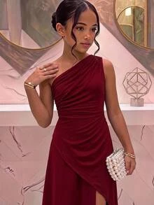 SHEIN 青少年女孩簡約不對稱單肩優雅休閒派對洋裝 - 酒紅色 - 查看 8